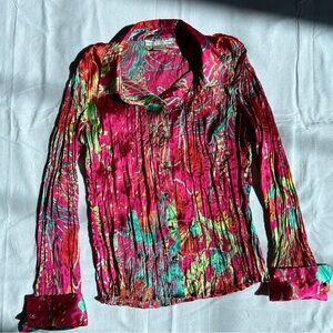 Vintage | Pink Silk Button Up Blouse with Nautical Designs